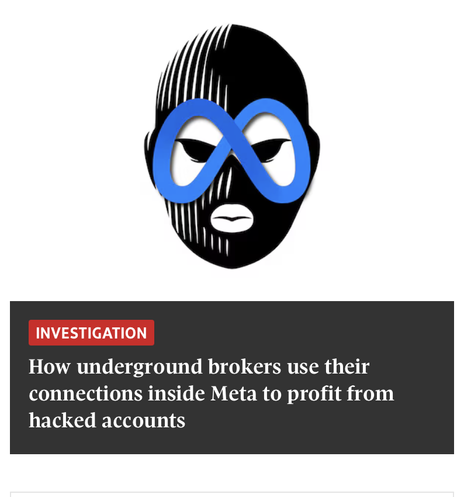 The image features a stylized graphic of a human face with a black and white design. The face is divided into two halves: the left side is black with vertical white stripes, while the right side is solid black. Over the eyes, there is a blue infinity symbol, which covers the eyes and adds a modern, abstract element to the design. Below the graphic, there is a dark gray rectangle with white text. The text reads "INVESTIGATION" in a red box, followed by "How underground brokers use their connecti…