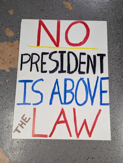 Other side of the protest sign that reads No President is Above the Law.