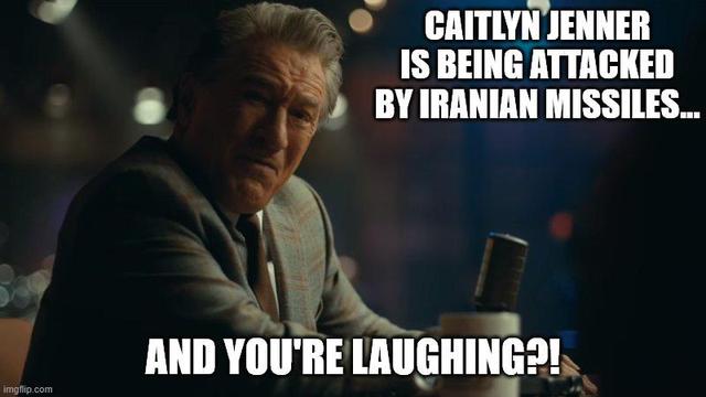 About

Murray's "You're Laughing" refers to a series of snowclone memes based on a memorable quote said by the 2019 film Joker character Franklin Murray. Online, the quote has been altered in memes to condemn people laughing at various issues, with the meme usually used ironically.

"CAITLYN JENNER IS BEING ATTACKED BY IRANIAN  MISSLES..."

"...AND YOU'RE LAUGHING?!" 