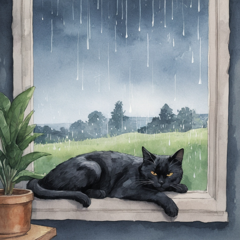 Model: RealVisXL V4.0
(water color illustration, comic book, vector, 4k, hyper-detail), black cat sleeping indoors on a raining summer Friday 