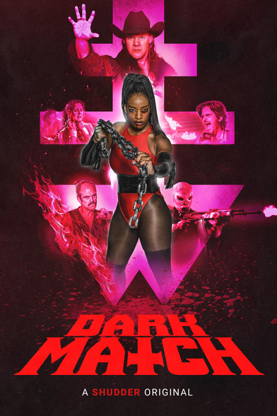 Poster art for Dark Match.

A woman in a one piece (like a swim suit) is holding a large metal chain. There's a glowing symbol, sort of like a rune of some kind, behind her. There's fire or blood or whatever happening here, coming off the symbol or something.

Some other characters from the film are arranged around parts of the symbol, but I'm not sure how to describe them.