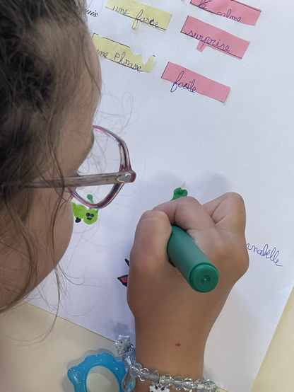 Gros plan sur une enfant de dos qui dessine