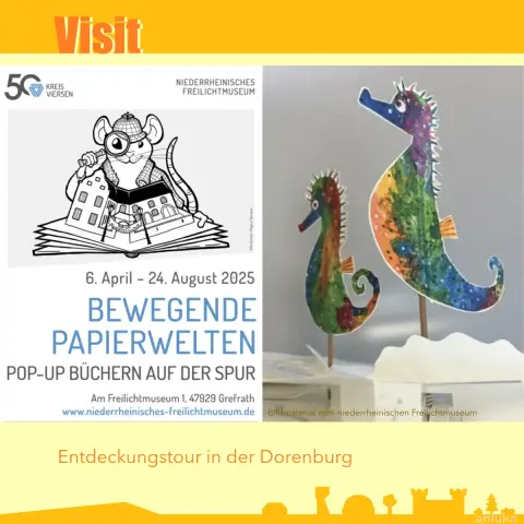 Links im Bild sind Hinweise zur Sonderausstellung des Freilichtmuseums Grefrath aufgelistet. Eine Entdeckermaus schaut durch eine Lupe in ein aufgeschlagenes Buch. Rechts sind bunte Seepferdchen aus einem ebenfalls geöffneten Buch hervor getreten, um auf die bunte Papierwelt aufmerksam zu machen.