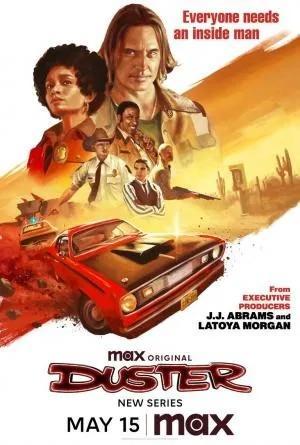 Ad for the TV show "Duster" with a red muscle car, in front of illustrations of the cast in a 70s movie poster style