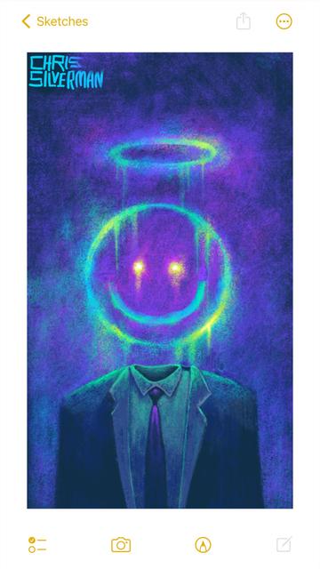 A sinister figure wearing a suit stands against a dark purple background. The figure doesn't actually have a head; floating above the empty neck of the dress shirt is a glowing smiley-face that appears to be rendered in dripping fluorescent blue-yellow paint hovering in the air. Floating above that is a halo that looks very similar. The painting is signed "Chris Silverman".