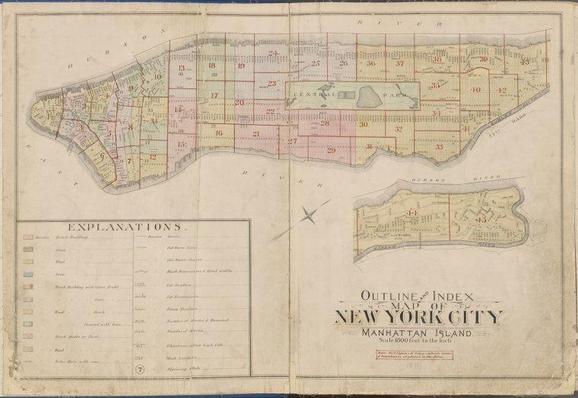Outline and Index map of New York City, Manhattan Island.