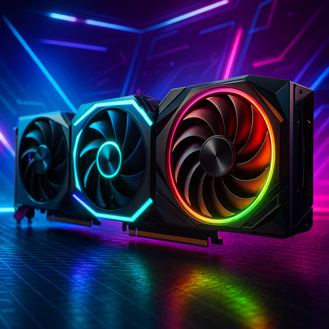 Trois cartes graphiques modernes avec éclairage RGB sur fond néon