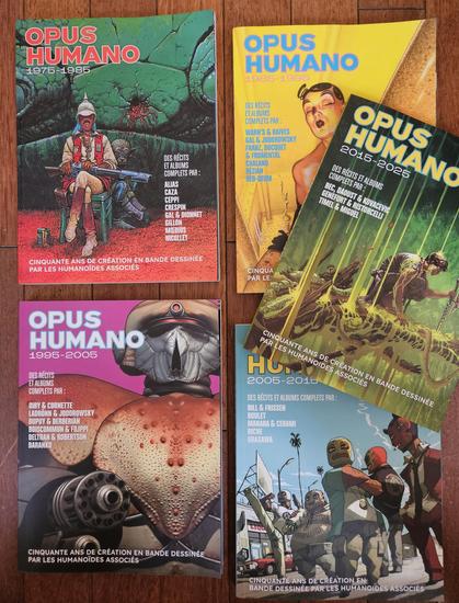 The five issues of the Opus Humano series celebrating the 50 years of Humanoïdes Associés, the publisher of the Métal Hurlant science fiction magazine and scifi comics.