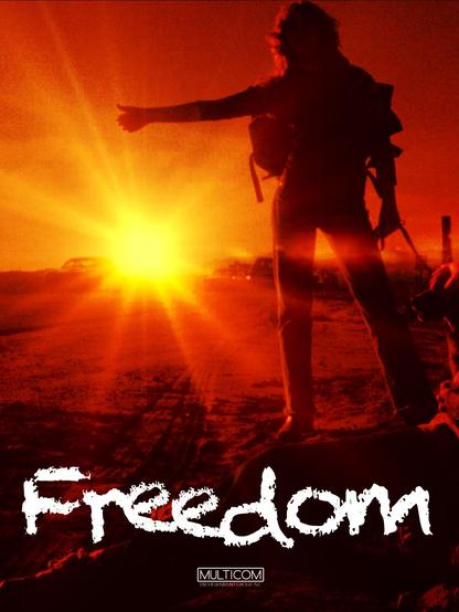 Poster du film Freedom 1981, une silhouette féminine avec un sac à dos et un chien fait de l'autostop au bord d'une route avec un soleil couchant couleur de feu.