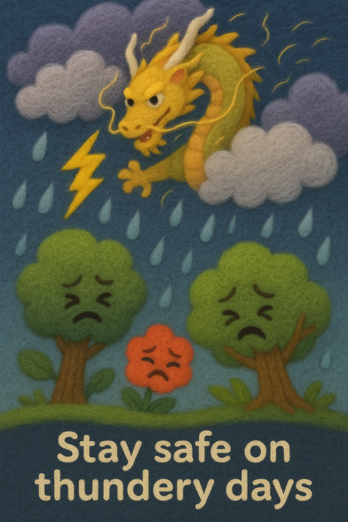 ②« Generated by MicrosoftCopilot »
Cute and Adorable felt art anime style thunder god descends From among the fluffy clouds, the dragon god appears, holding thunder. Large resin-like rain falls, and the trees and flowers on the ground frown in surprise. Then the trees and flowers try to take shelter. Include the message "Stay safe on thundery days".