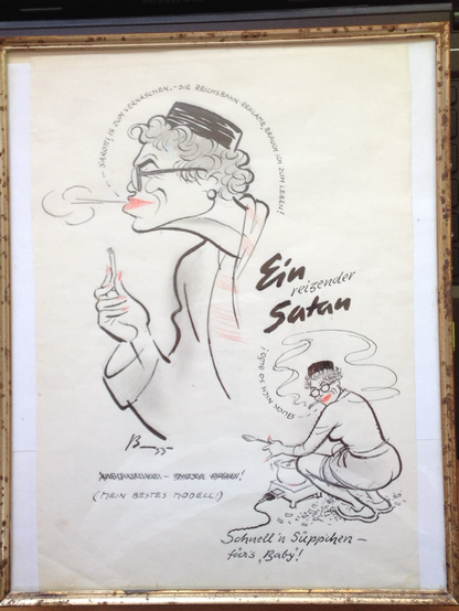 Karikatur einer Frau mit roten Lippen und sehr dicker Brille