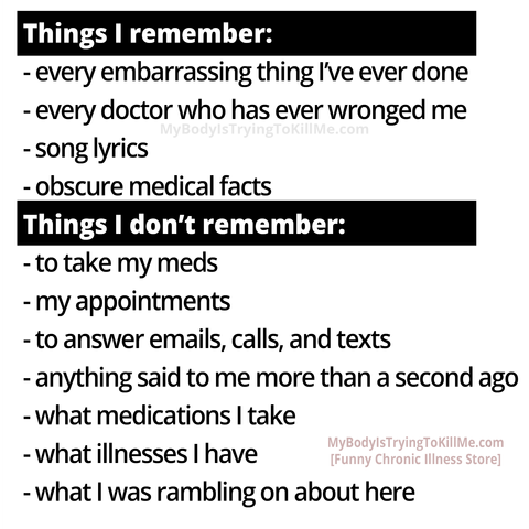 Things I remember:

-even embarrassing thing l've ever done 
-every doctor who has ever wronged me 
-song lyrics 
-obscure medical facts

Things I don't remember: 

-to take y meds 
-my appointments 
-to answer emails, calls, and texts 
-anything said to me more than a second ago 
-what medications I take 
-what illnesses I have 
-what I was rambling on about here