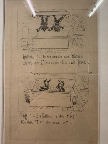 Bleistiftzeichnung Max & Moritz kommen durch den Schornstein