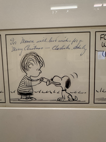 Snoopy Originalzeichnung mit Weihnachtsgrüssen von Charles Schulz