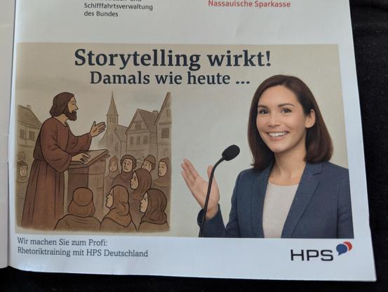 Eine Anzeige für ein Unternehmen, das Rhetoriktraining anbietet. Die beiden Bilder in der Anzeige sind ganz offensichtlich KI-generiert mit den üblichen Fehlern (schiefe Gesichter, eine Frau mit vier Fingern...)