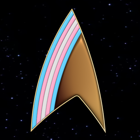 Starfleet symbol with trans flag colors.