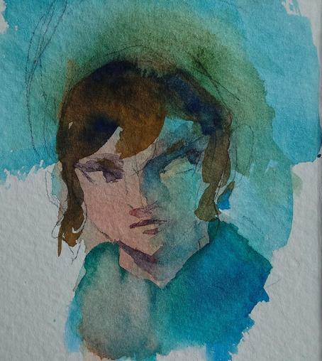 A loose watercolor sketch of Link from the legend of Zelda series. He's vaguely wearing his green hat and the implication of his tunic from Twilight Princess. Behind him, and blending into him, is a light blue background