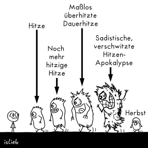 Sommer-Comic. Ein Mensch sieht skeptisch zu, wie vier Monster mit fiesem Grinsen zielstrebig auf ihn zukommen. Jedes Monster ist größer und monströser als das davor. Aufschrift des ersten Monsters: "Hitze". Aufschrift des zweiten Monsters: "Noch mehr hitzige Hitze". Aufschrift des dritten Monsters: "Maßlos überhitzte Dauerhitze". Aufschrift des vierten Monsters: "Sadistische, verschwitzte Hitzen-Apokalypse". Direkt dahinter läuft, verborgen vorm Blick des Menschen, noch eine kleine, niedliche Figur mit gutmütigem Lächeln und der Aufschrift: "Herbst".