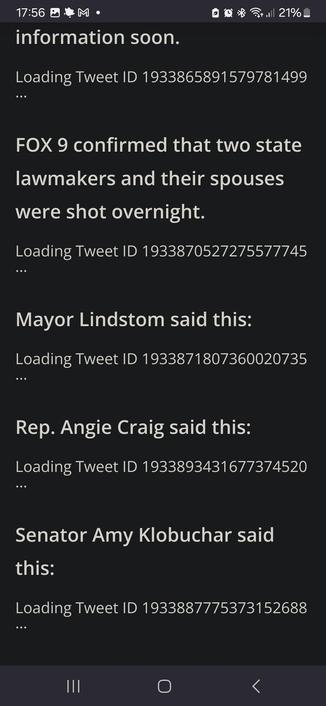 Screenshot of Fox9's reporting, with five instances of "[person] said this:" followed by "Loading tweet ID [bunch of numbers]".