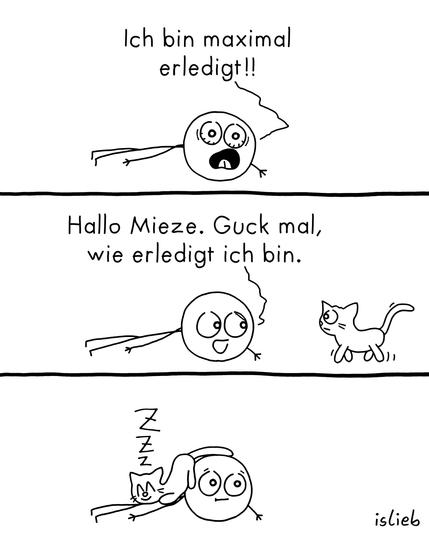 Comic. Eine Figur liegt am Boden und ruft: "Ich bin maximal erledigt!" Eine Katze kommt angelaufen. Die Figur sagt: "Hallo Mieze. Guck mal, wie erledigt ich bin." Die Katze legt sich auf die Figur und pennt.