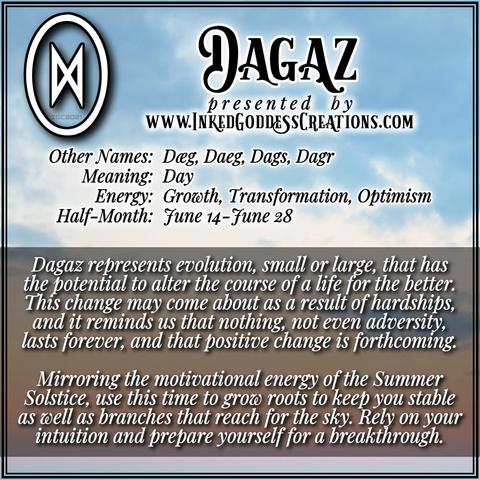 Black and white text is overlaid on a photograph of a pale blue sky with wispy white clouds. The text defines the Norse rune Dagaz and its runic half-month, the rune's symbolism and magickal interpretation, and what to expect during this time. Presented by Inked Goddess Creations.