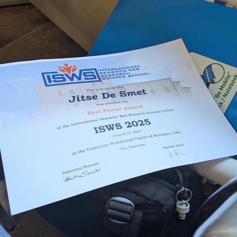 A piece of paper that claims that Jitse De Smet won the best poster award of ISWS 2025.