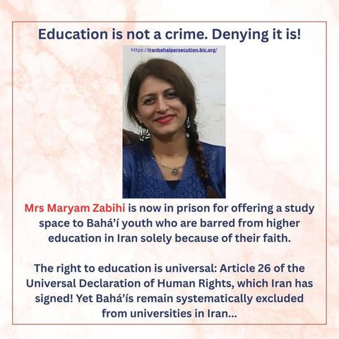 El derecho a la Educación es universal.  Art. 26 de #UniversalDeclarationOfHumanRights, firmado por #iran. Y, sin embargo,  los bahá´í están excluidos de la educación superior en Irán. #Maryamzabihi  está en prisión simplemente por ofrecer un espacio de estudio a algunos  jóvenes! 

La educación no es un delito.  Negarlo es!