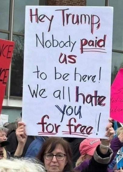 Woman holding a protest sign that reads: Hey Trump, nobody paid us to be here! We all hate you for free! 