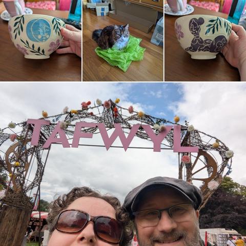 Du nerdau, am maes yw Tafwyl , and powel newydd, gyda gath eistedd am papur tissue