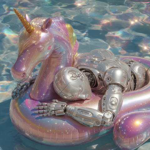 Midjourney Prompt: A serene and dreamy scene of a metallic humanoid robot peacefully sleeping on a giant iridescent unicorn pool float, drifting on calm reflective water. The robot is curled up in a sleeping position, with gentle moonlight reflecting off its chrome surface. The unicorn float is pastel-colored with a rainbow mane, golden horn, and sparkly details. Ethereal atmosphere, soft night lighting, slight ripples in the water creating magical reflections. Cinematic composition, high detail, photorealistic rendering. --v 7