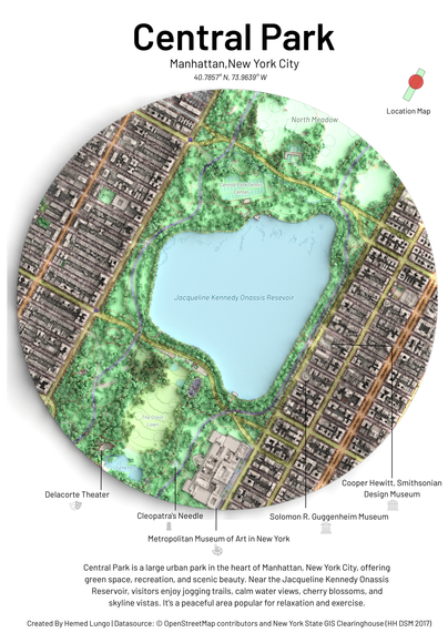 🗺️A Minimalistic 3D Map of Central Park 🏞️ in Manhattan, New York City 🇺🇸 made using the Highest Hit DSM (2017) from the New York GIS Clearinghouse