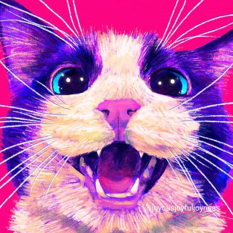 Painting of a tuxedo cat meowing loudly. The artist's signature and @joyousjoyfuljoyness watermark are at the bottom right.