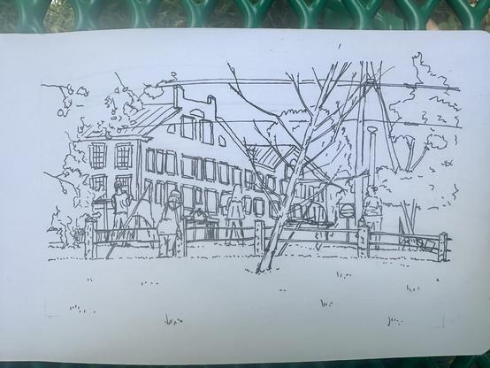 Ink drawing of anti-trump protesters encouraging honks in downtown Middlebury, Vermont