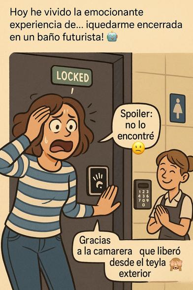 Viñeta cómica de dos mujeres frente a la puerta de un baño moderno. A la izquierda, una mujer con camiseta de rayas azules y blancas luce asustada y sudando, con una mano en la cabeza y la otra sobre la puerta, que tiene un letrero verde que dice "LOCKED" (cerrado). A la derecha, una camarera sonriente con uniforme y delantal junta las manos en señal de alivio. En la puerta hay un panel numérico y un lector de huellas. En la pared se ve el símbolo de baño de mujeres.

Texto en la parte superior: 
Hoy he vivido la emocionante experiencia de... ¡quedarme encerrada en un baño futurista! 🤖

Bocadillo de la mujer atrapada:
Spoiler: no lo encontré 😟

Bocadillo de la camarera:
Gracias a la camarera que liberó desde el teclado exterior 🙈

La imagen transmite humor sobre la confusión y el estrés de quedar atrapada en un baño con tecnología avanzada.