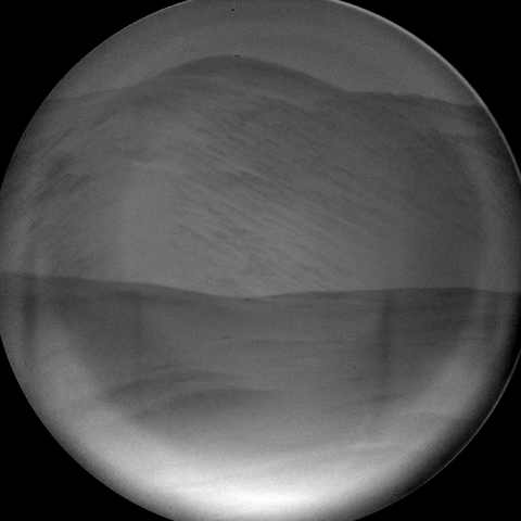 A grey scale image capturing a Martian landscape.