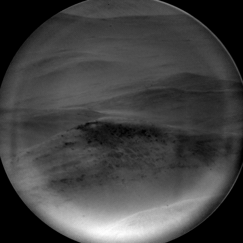 A grey scale image capturing a Martian landscape.