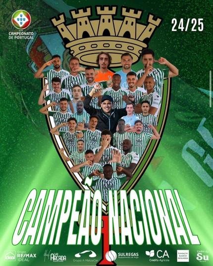 A group of football players and staff members posing together, celebrating their championship win. They are wearing green and white striped jerseys and are arranged around a large trophy graphic. The text "CAMPEÃO NACIONAL" is prominently displayed, indicating a national championship