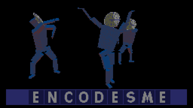 A still from the demo with three blue dancers with clock faces animating. The conundrum is ENCODESME