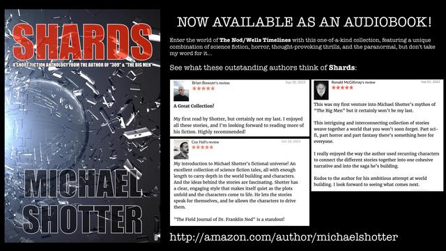 The cover for Michael Shotter's book "Shards" and 5-star reviews of it from Brian Bowyer, Coy Hall, and Ronald McGillvray