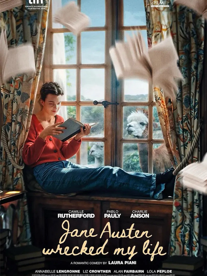 The poster for the movie - the main character sits on a windowsill reading as papers fly around her. Two llamas look in the window. 
