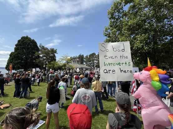 Protest view toward the stage. One pink inflatable unicorn costume. Sign: so bad even the introverts are here. 