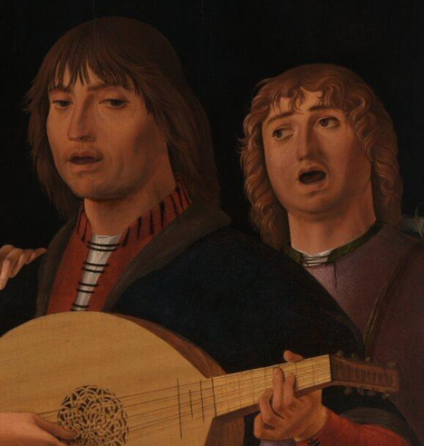 Renaissance painting of two long-haired men, one playing a lute.