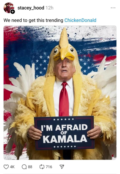 47 in a chicken suit holding a sign that says “I’m afraid of Kamala”.