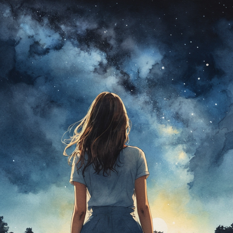 Model: RealVisXL V4.0
(water color illustration, comic book, vector, 4k, hyper-detail), summer night, a woman looking up at galaxy, view from behind at a distance