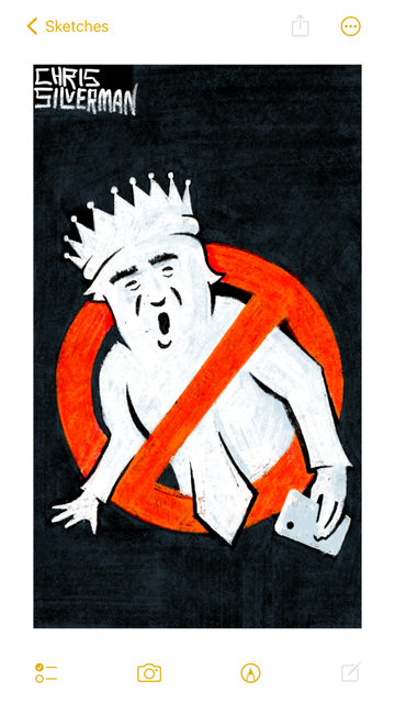 A black background with a red symbol on it: a circle with a diagonal bar through it, the "prohibited" symbol. Inside the symbol, appearing to be reaching out from it, is a minimalist white cartoon figure of a shouting man wearing a crown too large for his head and clutching a phone. The man's tie overlaps the lower boundary of the red symbol. This, of course, is Donald Trump, rendered in a Ghostbusters symbol. The painting is signed "Chris Silverman".