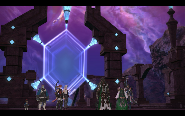 Screenshot of FFXIV, showing party members inspecting a large crystal, as part of the Crystal Tower raids.