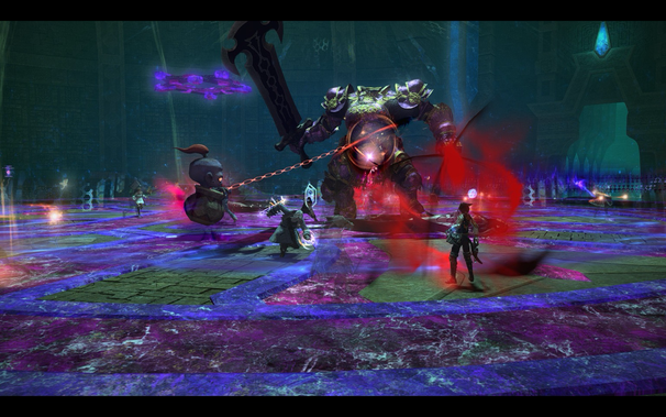 A screenshot of FFXIV, showing an ongoing alliance battle within the Crystal Tower raid.