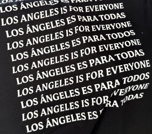 Shirts given away at the Angel City FC game tonight, the back repeat “Los Angeles is for Everyone” then “Los Angeles Para Todos”