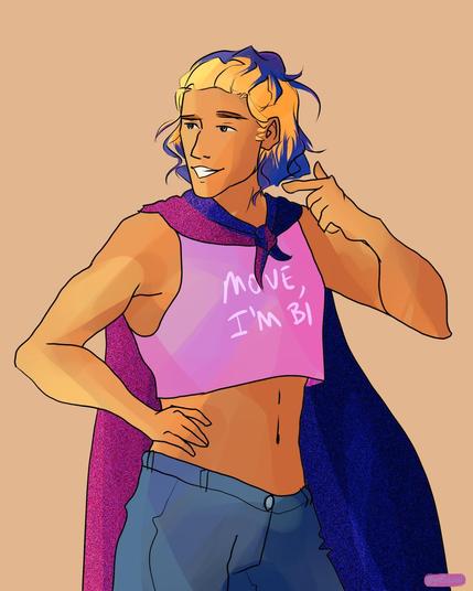A coloured drawing of a modern Apollo dressed in a pink crop top with the words "Move, I'm Bi" on it and low-cut jeans. His hair is dyed blue at the tips and he wears a cloak in the colours of the bisexual flag.