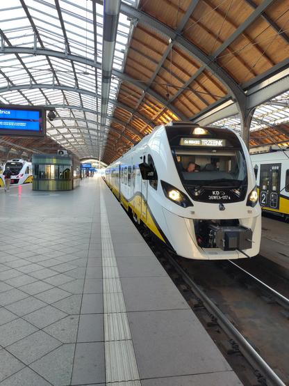 Yellow-white train waiting at the station
